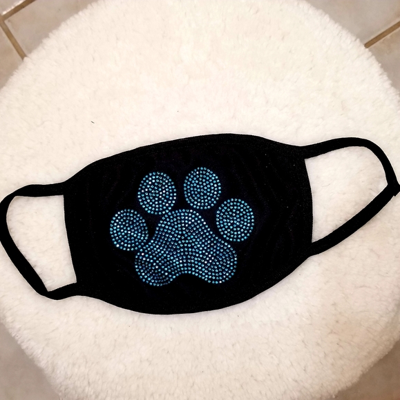3/$30🦋 Black Face Mask Teal Paw Print with  Rhinestone New Large Paw New - Picture 2 of 5